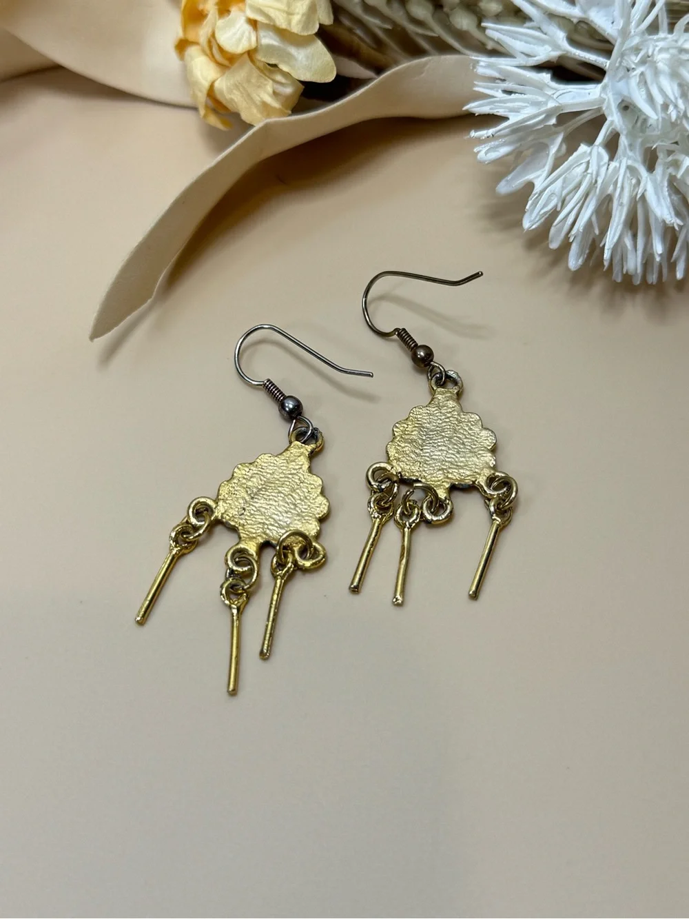 Vintage Gold Tone Chandelier Dangle Earrings White Teardrop Accent